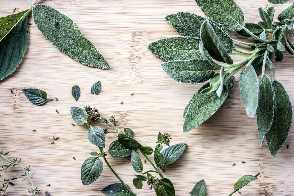 Sage, mint, thyme and mentholated sage scattered on a light wooden table